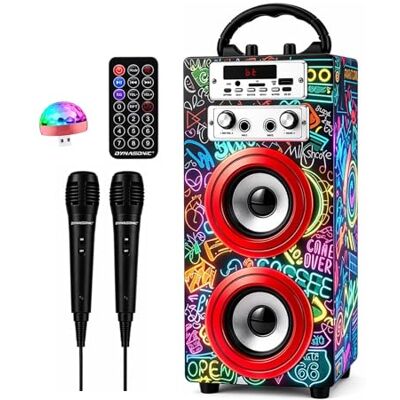 DYNASONIC Bärbar Karaoke-maskin med 2 mikrofoner, Bluetooth-högtalare, ljus, USB- och SD-spelare, present till barn 5–13 år DYNASONIC Bärbar Karaoke-maskin med 2 mikrofoner, Bluetooth-högtalare, ljus, USB- och SD-spelare, present till barn 5–13 år