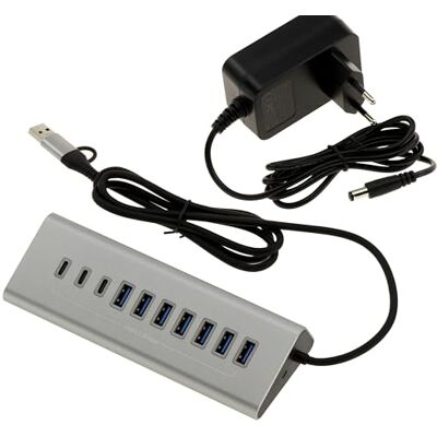 KALEA-INFORMATIQUE USB3 aluminium 10-portars multikontakthubb (USB 3.0 5GB) med 12 V 3A strömförsörjning med 7 portar typ USB A och 3 portar typ USB C KALEA-INFORMATIQUE USB3 aluminium 10-portars multikontakthubb (USB 3.0 5GB) med 12 V 3A strömförsörjning med 7 portar typ USB A och 3 portar typ USB C
