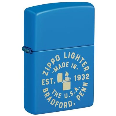 Zippo Stormtändare, matt himmelsblå (Sky Blue Matte), med lasergravyr av Bradford-logotyp, påfyllningsbar och återanvändbar, med vindskyddad design, presentförpackning, tillverkad i USA Zippo Stormtändare, matt himmelsblå (Sky Blue Matte), med lasergravyr av Bradford-logotyp, påfyllningsbar och återanvändbar, med vindskyddad design, presentförpackning, tillverkad i USA