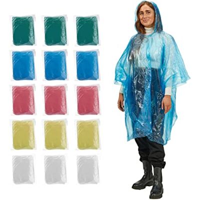 Relaxdays regnponcho engångsbruk, set om 15, engångsregncape med huva, 5 färger, akut poncho för kvinnor och män, färgglad, blå, röd, gul, 95 x 120 cm EU Relaxdays regnponcho engångsbruk, set om 15, engångsregncape med huva, 5 färger, akut poncho för kvinnor och män, färgglad, blå, röd, gul, 95 x 120 cm EU