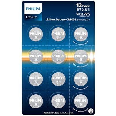 Philips Litium CR2032 3 volt batterier – perfekt för klockor, nyckelbrickor och miniräknare, paket med 12 Philips Litium CR2032 3 volt batterier – perfekt för klockor, nyckelbrickor och miniräknare, paket med 12
