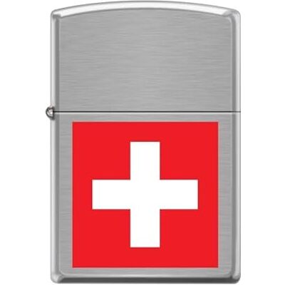 Zippo stormtändare Modell Swiss Flag, borstad krom med färgbild, påfyllningsbar, återanvändbar, vindskyddad, presentförpackning, tillverkad i USA Zippo stormtändare Modell Swiss Flag, borstad krom med färgbild, påfyllningsbar, återanvändbar, vindskyddad, presentförpackning, tillverkad i USA