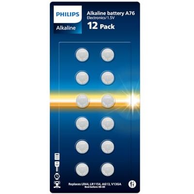 Philips alkaliska 1,5 volt A76-batterier – bäst för klockor, miniräknare och småelektronik, paket med 12 Philips alkaliska 1,5 volt A76-batterier – bäst för klockor, miniräknare och småelektronik, paket med 12