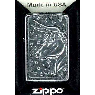 Zippo Stormtändare – Zodiac Taurus, Street Chrome, emblem, påfyllningsbar, återanvändbar, vindskyddad, presentförpackning, tillverkad i USA Zippo Stormtändare – Zodiac Taurus, Street Chrome, emblem, påfyllningsbar, återanvändbar, vindskyddad, presentförpackning, tillverkad i USA