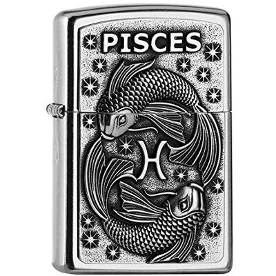 Zippo Stormtändare – Zodiac Pisces, Street Chrome, emblem, påfyllningsbar, återanvändbar, vindskyddad, presentförpackning, tillverkad i USA Zippo Stormtändare – Zodiac Pisces, Street Chrome, emblem, påfyllningsbar, återanvändbar, vindskyddad, presentförpackning, tillverkad i USA