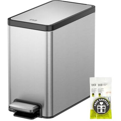 EKO smal liten soptunna för badrummet med lock, rostfritt stål kökssoptunna med avtagbar inre hink, 6 l/1,6 gal, trampa på papperskorg EKO smal liten soptunna för badrummet med lock, rostfritt stål kökssoptunna med avtagbar inre hink, 6 l/1,6 gal, trampa på papperskorg