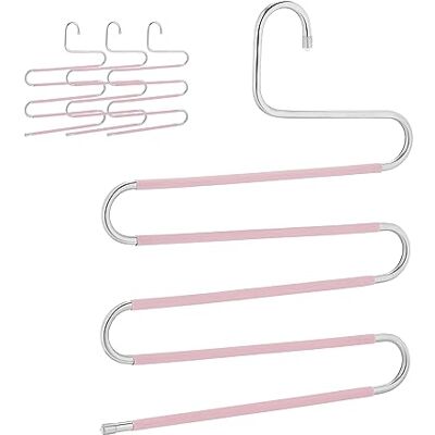 Relaxdays Multibyxhängare, set om 4, S-form, 5 stänger, halkfria, utrymmesbesparande multihängare, metall, silver/rosa Relaxdays Multibyxhängare, set om 4, S-form, 5 stänger, halkfria, utrymmesbesparande multihängare, metall, silver/rosa