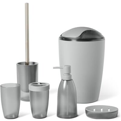 Amazon Basics badrumsset med tandborsthållare, tvålpump, tvålfat, mugg, papperskorg, toalettborste och hållare, grå Amazon Basics badrumsset med tandborsthållare, tvålpump, tvålfat, mugg, papperskorg, toalettborste och hållare, grå