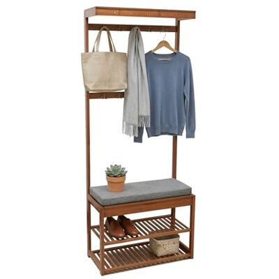 Relaxdays Garderobsställ, sittbänk, 2 skohyllor, 10 krokar, HBT: 175 x 70 x 33 cm, valnötsoptik, klädställ, brun Relaxdays Garderobsställ, sittbänk, 2 skohyllor, 10 krokar, HBT: 175 x 70 x 33 cm, valnötsoptik, klädställ, brun