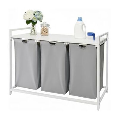 Relaxdays Tvättkorg med 3 tvättpåsar, 150 l, träutseende, hylla, HBT: 73,5 x 109,5 x 33 cm, tvättkorg, grå/vit Relaxdays Tvättkorg med 3 tvättpåsar, 150 l, träutseende, hylla, HBT: 73,5 x 109,5 x 33 cm, tvättkorg, grå/vit