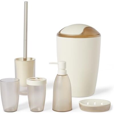 Amazon Basics badrumsset med tandborsthållare, tvålpump, tvålfat, mugg, papperskorg, toalettborste och hållare, elfenbensfärgad Amazon Basics badrumsset med tandborsthållare, tvålpump, tvålfat, mugg, papperskorg, toalettborste och hållare, elfenbensfärgad