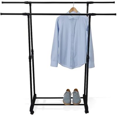Relaxdays Golvklädhängare, 2 klädhängare justerbar H: 91–158 cm L: 89–145 cm, rostfritt stål, svart Relaxdays Golvklädhängare, 2 klädhängare justerbar H: 91–158 cm L: 89–145 cm, rostfritt stål, svart