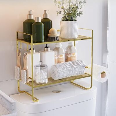 Zstar Badrumshyllor, toaletthylla över toaletten, metall toaletthylla med 2 krokar, 2 våningar badrumsorganisatör för väggen platsbesparande modern (guld) (45 x 16 x 36 cm) Zstar Badrumshyllor, toaletthylla över toaletten, metall toaletthylla med 2 krokar, 2 våningar badrumsorganisatör för väggen platsbesparande modern (guld) (45 x 16 x 36 cm)