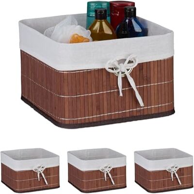 Relaxdays Förvaringskorg, set om 4, bambu, tyginsats, HBT: 20 x 31 x 31 cm, korg med fingerhål, hyllkorg, brun/vit Relaxdays Förvaringskorg, set om 4, bambu, tyginsats, HBT: 20 x 31 x 31 cm, korg med fingerhål, hyllkorg, brun/vit