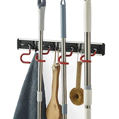 MOYODOR QBOSO Väggmonterad mopp och broom hållare rostfritt stål S typ av broom rack anti-slip mopp arrangör (40 cm, 4 positioner 3 krokar, röd svart) MOYODOR QBOSO Väggmonterad mopp och broom hållare rostfritt stål S typ av broom rack anti-slip mopp arrangör (40 cm, 4 positioner 3 krokar, röd svart)