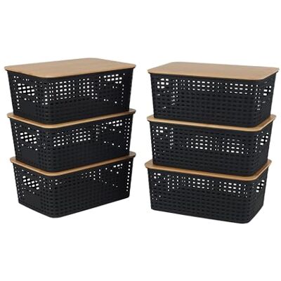 Relaxdays förvaringslåda, set om 6, med lock, plast och bambu, handtag, HBT: 10,5 x 25,5 x 18 cm, organisatör, svart Relaxdays förvaringslåda, set om 6, med lock, plast och bambu, handtag, HBT: 10,5 x 25,5 x 18 cm, organisatör, svart