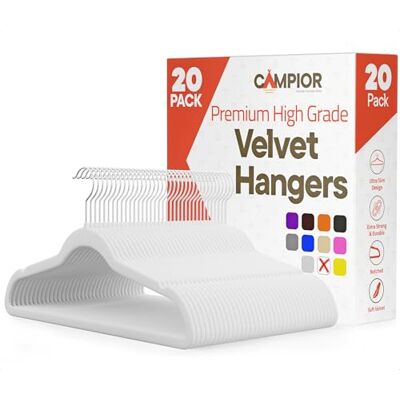 Campior Premium sammet halkfria hängare för kläder – kraftig klädhängare set med 360° vridbar krok, lätt, lyxig sammetsfinish, mångsidiga hängare för alla garderober, paket med 20 – vit Campior Premium sammet halkfria hängare för kläder – kraftig klädhängare set med 360° vridbar krok, lätt, lyxig sammetsfinish, mångsidiga hängare för alla garderober, paket med 20 – vit