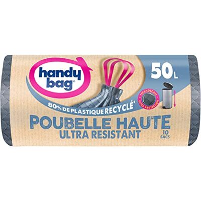 Handy Bag Höga soppåsar med skjuthandtag 50 L x 10 påsar Ultra Protection-teknik: väft och film i tre lager maximal tätning 80% återvunnen plast Handy Bag Höga soppåsar med skjuthandtag 50 L x 10 påsar Ultra Protection-teknik: väft och film i tre lager maximal tätning 80% återvunnen plast