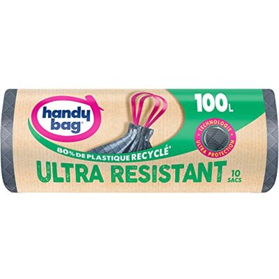 Handy Bag Ultrastarka sopsäckar med skjuthandtag, 100 l x 10 påsar ultraskydd: väft och tredubbla lager film läckagesäker botten maximal tätning 100% återvunnen plast Handy Bag Ultrastarka sopsäckar med skjuthandtag, 100 l x 10 påsar ultraskydd: väft och tredubbla lager film läckagesäker botten maximal tätning 100% återvunnen plast