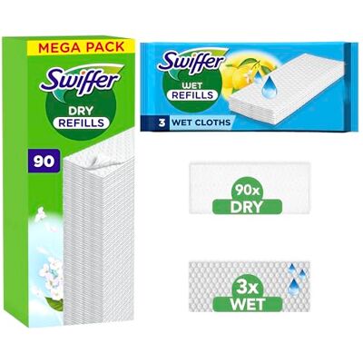 Swiffer Wet & Dry 90 st torra och 3 fuktiga rengöringsdukar för golv), fångar upp och låser in tre gånger mer damm, smuts och hår än en traditionell sopborste eller mopp Swiffer Wet & Dry 90 st torra och 3 fuktiga rengöringsdukar för golv), fångar upp och låser in tre gånger mer damm, smuts och hår än en traditionell sopborste eller mopp