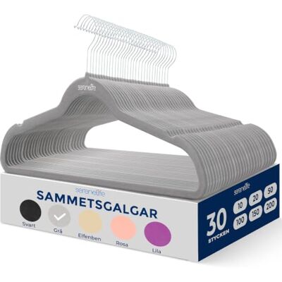 SereneLife 30 stycken sammetshängare – platsbesparande slitstark smal klädhängare set med 360 graders vridbar metallkrok, kan hålla upp till 4,5 kg. för rockar, jackor, byxor och klänning (grå) SereneLife 30 stycken sammetshängare – platsbesparande slitstark smal klädhängare set med 360 graders vridbar metallkrok, kan hålla upp till 4,5 kg. för rockar, jackor, byxor och klänning (grå)
