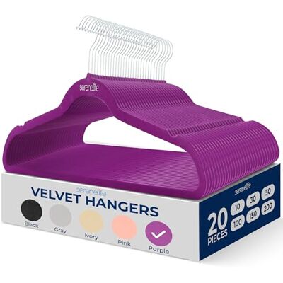 SereneLife 20 Pieces Velvet Hangers Space Saving Heavy Duty Slim Suit Clothes Hanger Set with 360 Degree Swivel Metal Hook, Can Hold Up to 10 Lbs. For Coats, Jackets, Pants & Dress (Purple) SereneLife 20 Pieces Velvet Hangers Space Saving Heavy Duty Slim Suit Clothes Hanger Set with 360 Degree Swivel Metal Hook, Can Hold Up to 10 Lbs. For Coats, Jackets, Pants & Dress (Purple)