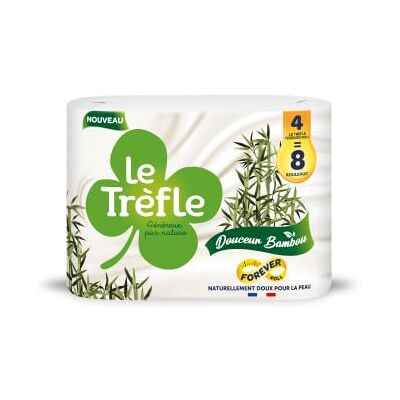 Le Trefle Bambu Douceur Clover 4 toalettpappersrullar, tre lager, 130 ark per rulle, naturligt hudvänlig, rullar med bambufibrer, FSC-certifierad, pappersförpackning Le Trefle Bambu Douceur Clover 4 toalettpappersrullar, tre lager, 130 ark per rulle, naturligt hudvänlig, rullar med bambufibrer, FSC-certifierad, pappersförpackning