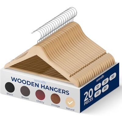 SereneLife Wooden Hangers 20 Pack, Non-Slip, Sturdy, Heavy Duty Suit Hanger Set with 360° Chrome Swivel Hook, Space-Saving Wood Hangers Closet Organizer for Clothes, Coat, Pants, Dress (Natural) SereneLife Wooden Hangers 20 Pack, Non-Slip, Sturdy, Heavy Duty Suit Hanger Set with 360° Chrome Swivel Hook, Space-Saving Wood Hangers Closet Organizer for Clothes, Coat, Pants, Dress (Natural)
