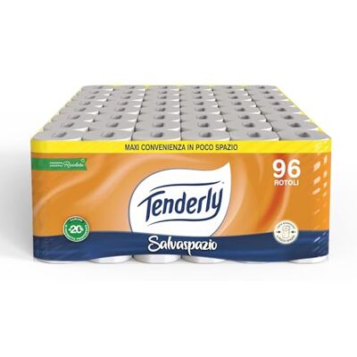 Tenderly Utrymmesbesparande 96 toalettpappersrullar, 2 lager, 220 x rullremmar, med naturliga extrakt av mallow och ringblomma, tillverkad i Italien, dermatologiskt testad Tenderly Utrymmesbesparande 96 toalettpappersrullar, 2 lager, 220 x rullremmar, med naturliga extrakt av mallow och ringblomma, tillverkad i Italien, dermatologiskt testad