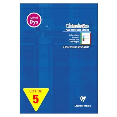 Clairefontaine 6138Cpack Bloc écriture "Clairenfantine" spécial Dys encollé 21x29,7cm 100 pages détach. cadre & lignes 4 couleurs Interligne 3 mm- Lot de 5 Clairefontaine 6138Cpack Bloc écriture "Clairenfantine" spécial Dys encollé 21x29,7cm 100 pages détach. cadre & lignes 4 couleurs Interligne 3 mm- Lot de 5