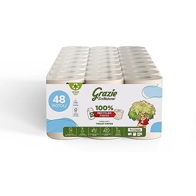 Grazie EcoNatural Grazie Natural, Maxi Ecol FSC toalettpapper, 48 rullar, Dermatologiskt testat, 100% miljövänligt återvunnet hygienpapper, Miljövänligt, Tillverkad i Italien Grazie EcoNatural Grazie Natural, Maxi Ecol FSC toalettpapper, 48 rullar, Dermatologiskt testat, 100% miljövänligt återvunnet hygienpapper, Miljövänligt, Tillverkad i Italien