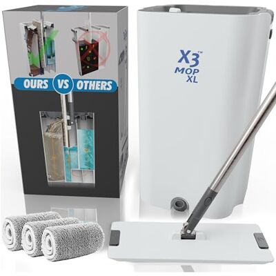 TopTier Products X3 mopp XL, separerar smutsigt och rent vatten, design med 3 kammare, platt mopp och hink-set, handsfree hemgolvrengöring, 3 återanvändbara mikrofibermoppdynor ingår TopTier Products X3 mopp XL, separerar smutsigt och rent vatten, design med 3 kammare, platt mopp och hink-set, handsfree hemgolvrengöring, 3 återanvändbara mikrofibermoppdynor ingår