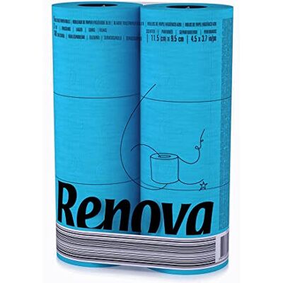 Renova 6-pack blå toalettpapper blå lyxigt mjukt och absorberande badrumsservett – 6 rullar paket med 140 ark per rulle, dermatologiskt testad, färgfast design, jungfrumassa av högsta kvalitet Renova 6-pack blå toalettpapper blå lyxigt mjukt och absorberande badrumsservett – 6 rullar paket med 140 ark per rulle, dermatologiskt testad, färgfast design, jungfrumassa av högsta kvalitet