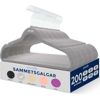 SereneLife 200 stycken sammetshängare – platsbesparande slitstark smal klädhängare set med 360 graders vridbar metallkrok, kan hålla upp till 4,5 kg. för rockar, jackor, byxor och klänning (grå) SereneLife 200 stycken sammetshängare – platsbesparande slitstark smal klädhängare set med 360 graders vridbar metallkrok, kan hålla upp till 4,5 kg. för rockar, jackor, byxor och klänning (grå)