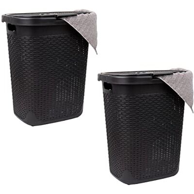Mind Reader 50 L smal tvättkorg, set med 2, klädkorg, lock, flätdesign, plast, 45 cm L x 30 cm B x 50 cm H, svart Mind Reader 50 L smal tvättkorg, set med 2, klädkorg, lock, flätdesign, plast, 45 cm L x 30 cm B x 50 cm H, svart