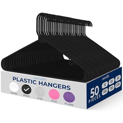 SereneLife 50 stycken plasthängare – platsbesparande slitstark smal klädhängare set med 360 graders vridbar metallkrok, kan hålla upp till 4,5 kg. För rockar, jackor, byxor och klänning (svart) SereneLife 50 stycken plasthängare – platsbesparande slitstark smal klädhängare set med 360 graders vridbar metallkrok, kan hålla upp till 4,5 kg. För rockar, jackor, byxor och klänning (svart)