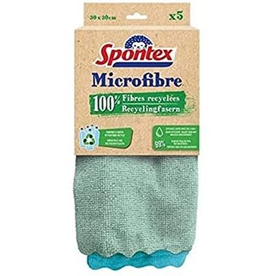 Spontex 100% återvunna fibrer mikrofiber 5 mikrofiber effektiv bara med vatten avlägsnar 99% av bakterierna Spontex 100% återvunna fibrer mikrofiber 5 mikrofiber effektiv bara med vatten avlägsnar 99% av bakterierna