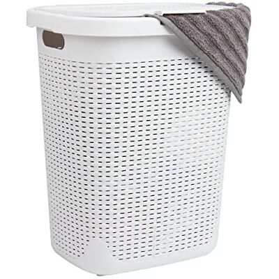 Mind Reader 50 L smal tvättkorg, klädkorg, lock, flätdesign, plast, 45 cm L x 30 cm B x 50 cm H, vit Mind Reader 50 L smal tvättkorg, klädkorg, lock, flätdesign, plast, 45 cm L x 30 cm B x 50 cm H, vit