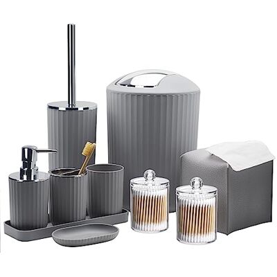 Bthenov Badrumstillbehör set – 10 delar grått badrumstillbehör set med papperskorg, tandborsthållare och kopp, tvåldispenser, tvålfat, toalettborsthållare, sminkbricka, Qtip hållare, fodral för näsdukslåda Bthenov Badrumstillbehör set – 10 delar grått badrumstillbehör set med papperskorg, tandborsthållare och kopp, tvåldispenser, tvålfat, toalettborsthållare, sminkbricka, Qtip hållare, fodral för näsdukslåda