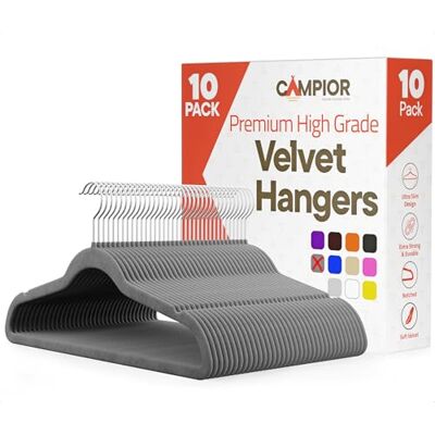Campior Premium sammet halkfria hängare för kläder – kraftig klädhängare set med 360° vridbar krok, lätt, lyxig sammetsfinish, mångsidiga hängare för alla garderober, paket med 10 – grå Campior Premium sammet halkfria hängare för kläder – kraftig klädhängare set med 360° vridbar krok, lätt, lyxig sammetsfinish, mångsidiga hängare för alla garderober, paket med 10 – grå