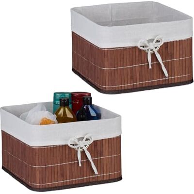 Relaxdays Förvaringskorg, set om 2, bambu, tyginsats, HBT: 20 x 31 x 31 cm, korg med fingerhål, hyllkorg, brun/vit Relaxdays Förvaringskorg, set om 2, bambu, tyginsats, HBT: 20 x 31 x 31 cm, korg med fingerhål, hyllkorg, brun/vit