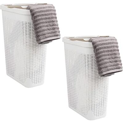 Mind Reader 40 L smal tvättkorg, klädkorg, lock, flätdesign, plast, 45 cm L x 25 cm B x 60 cm H, set med 2, vit Mind Reader 40 L smal tvättkorg, klädkorg, lock, flätdesign, plast, 45 cm L x 25 cm B x 60 cm H, set med 2, vit