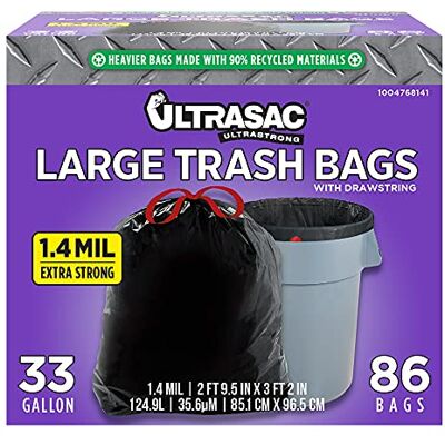ULTRASAC svarta stora kraftiga soppåsar med dragsko, 33 gallon 1,4 MIL, 85 cm x 96 cm – paket med 86 – för hem, kommersiell, konstruktion och utomhus ULTRASAC svarta stora kraftiga soppåsar med dragsko, 33 gallon 1,4 MIL, 85 cm x 96 cm – paket med 86 – för hem, kommersiell, konstruktion och utomhus