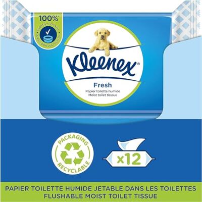 Kleenex Fresh Fuktigt toalettpapper (12 förpackningar med 42 ark) engångsbruk på toaletten 100% naturfibrer plastfritt parfymfritt alkoholfritt Kleenex Fresh Fuktigt toalettpapper (12 förpackningar med 42 ark) engångsbruk på toaletten 100% naturfibrer plastfritt parfymfritt alkoholfritt