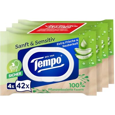 Tempo våta toaletthanddukar mjuka och känsliga 4 x 42 våtservetter Tempo våta toaletthanddukar mjuka och känsliga 4 x 42 våtservetter