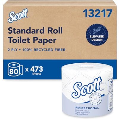 Scott Essential Professional 100% återvunnet fiber bulk toalettpapper för företag (13217), 2-PLY standardrullar, vit, 80 rullar/fodral, 506 ark/rulle (förpackningen kan variera) Scott Essential Professional 100% återvunnet fiber bulk toalettpapper för företag (13217), 2-PLY standardrullar, vit, 80 rullar/fodral, 506 ark/rulle (förpackningen kan variera)