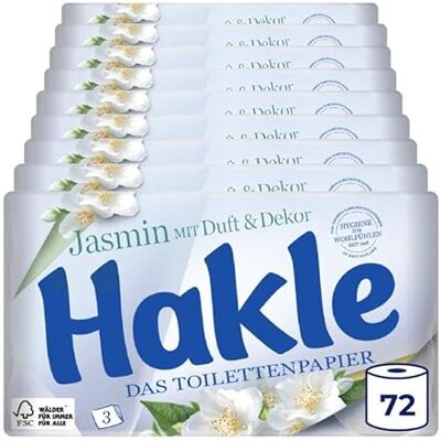 Hakle Toalettpapper med jasminduft & dekor – 72 rullar, 3-lagers toalettpapper, 150 ark per rulle, toalettpapper tillverkat av 60% återvunnen förpackning, FSC-certifierat Hakle Toalettpapper med jasminduft & dekor – 72 rullar, 3-lagers toalettpapper, 150 ark per rulle, toalettpapper tillverkat av 60% återvunnen förpackning, FSC-certifierat