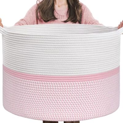 CHICVITA XXL Extra stor bomullsrep vävd korg, prydnadsfilt förvaringskorg med handtag, rosa dekorativ klädkorg – 56 cm x 56 cm x 36 cm CHICVITA XXL Extra stor bomullsrep vävd korg, prydnadsfilt förvaringskorg med handtag, rosa dekorativ klädkorg – 56 cm x 56 cm x 36 cm