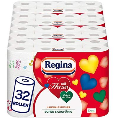 Regina med hjärtan hushållsdukar 3 lager 32 rullpaket (8 x 4 enkelförpackningar) 43 ark per rulle superabsorberande, tjock, resistent FSC®-certifierat papper Regina med hjärtan hushållsdukar 3 lager 32 rullpaket (8 x 4 enkelförpackningar) 43 ark per rulle superabsorberande, tjock, resistent FSC®-certifierat papper