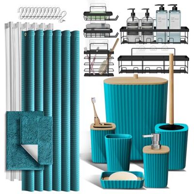Clara Clark Badrumstillbehör set med duschhylla och badmattor, 27 st badrumstillbehör set med duschcaddies teal badmattor, duschgardinsset, toalettborste, papperskorg, tvåldispenser, tandborsthållare Clara Clark Badrumstillbehör set med duschhylla och badmattor, 27 st badrumstillbehör set med duschcaddies teal badmattor, duschgardinsset, toalettborste, papperskorg, tvåldispenser, tandborsthållare